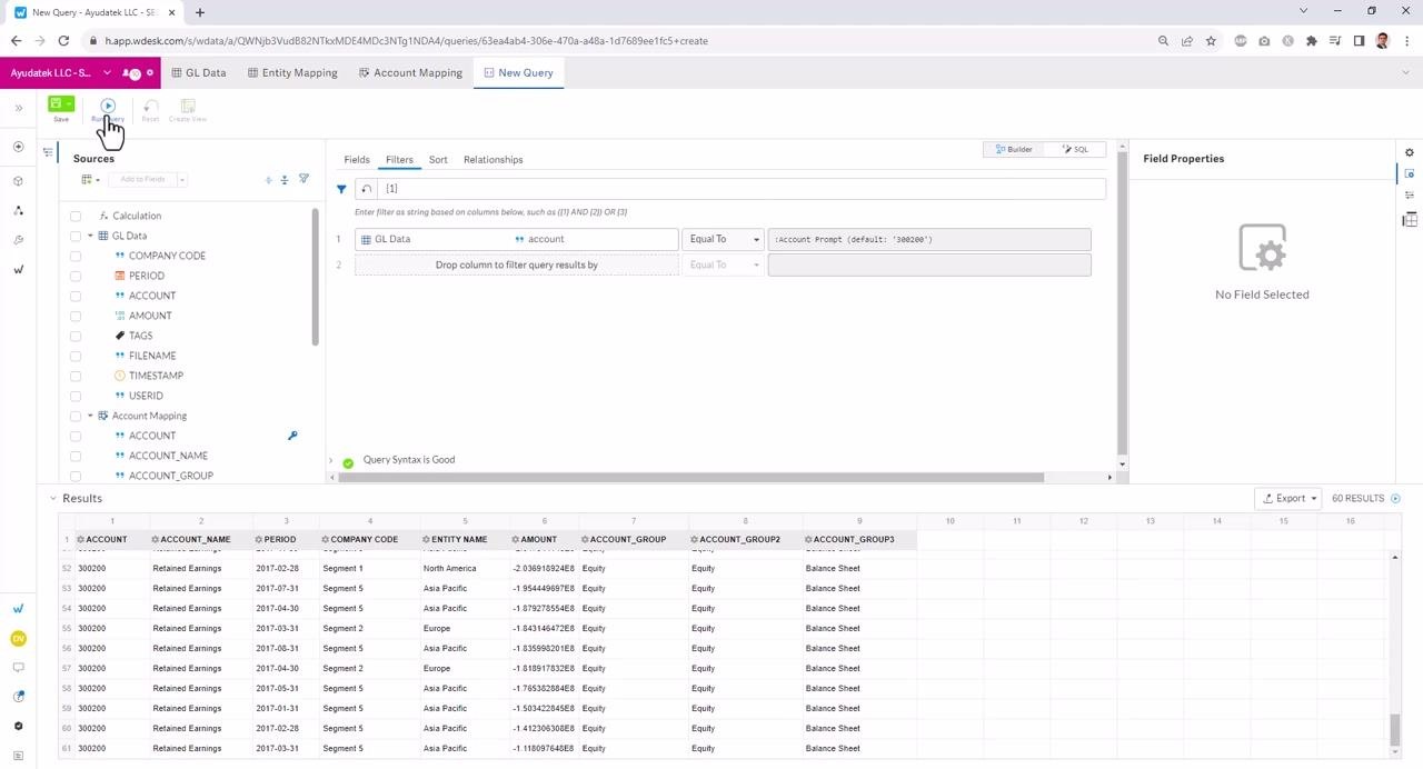 Query builder with only account filter active, Save button highlighted, results table updated