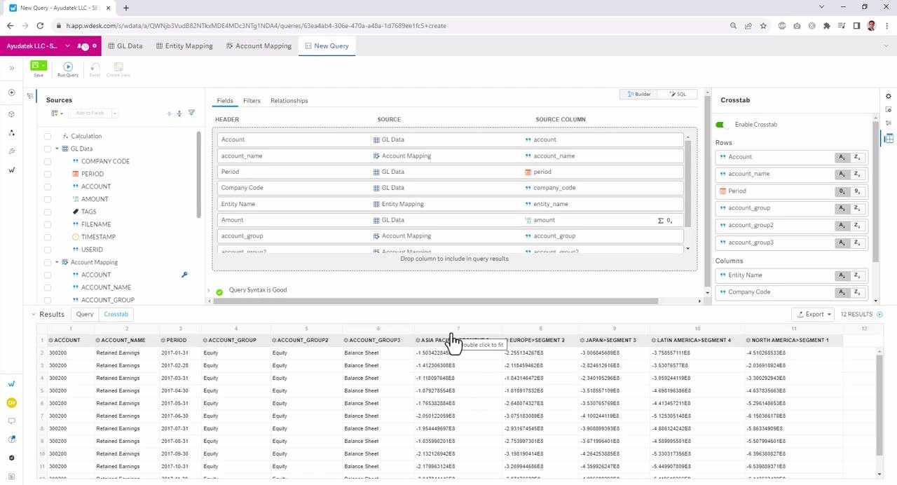 Crosstab results with wide columns, cursor over column header, multiple entity/segment columns visible