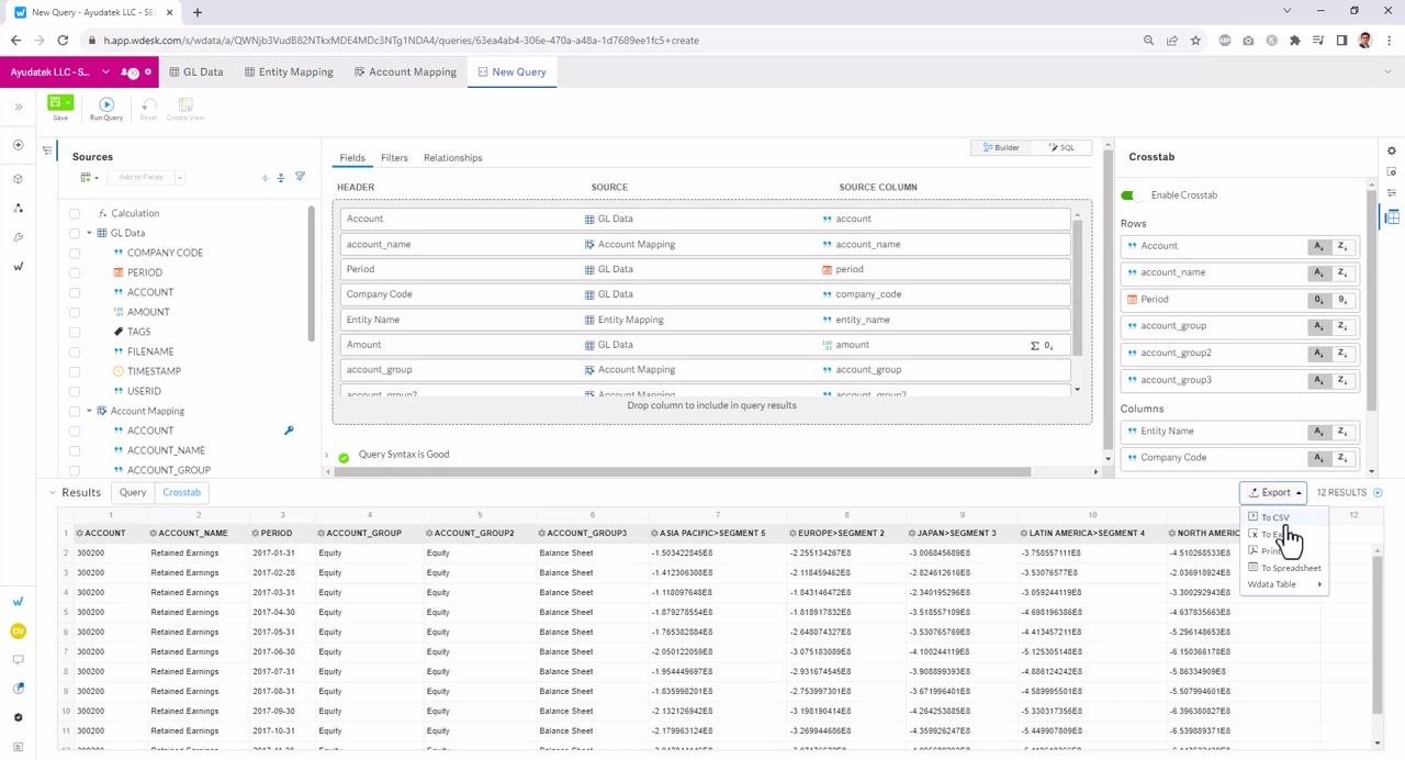 Export dropdown open with options: To CSV, To Excel, Print, To Spreadsheet, Wdata Table; cursor over Export button