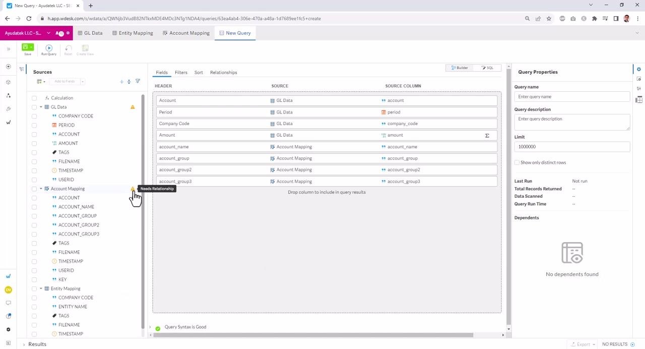 The query builder shows fields from multiple tables, with a warning icon and tooltip "Needs Relationship" next to the Account Mapping table in the Sources panel