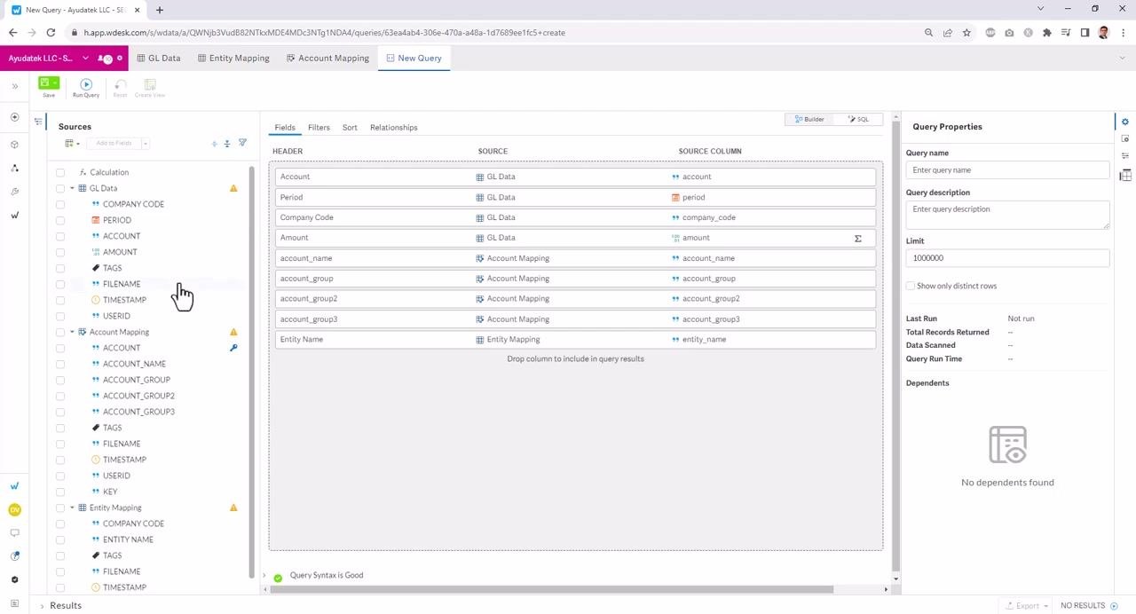 The Relationships tab is open, showing a LEFT JOIN between GL Data (company_code) and Entity Mapping (company_code), with join type options visible