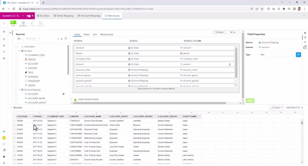 The Relationships tab shows two joins: the first between GL Data and Entity Mapping on company_code, and the second join setup in progress, with the user selecting fields from Join 1