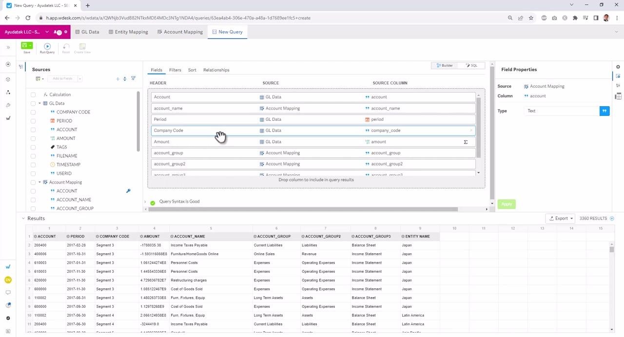 The Fields tab is open, showing columns being reordered by dragging account_name below Account, and entity_name after Company Code. The results grid below reflects the new column order.