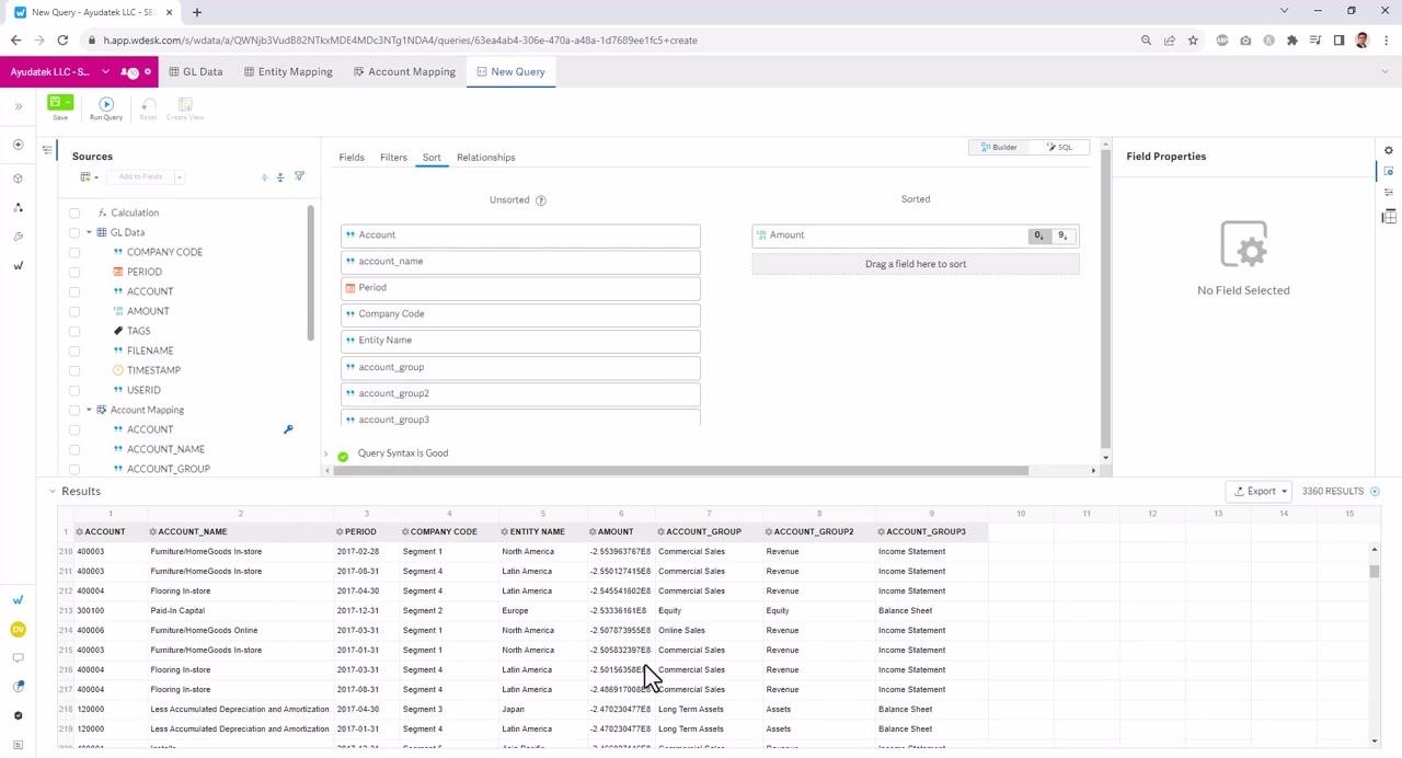 The Filters tab is open, with Account dragged into the filter area and the filter condition set to "Equal To". The value field is ready for input.