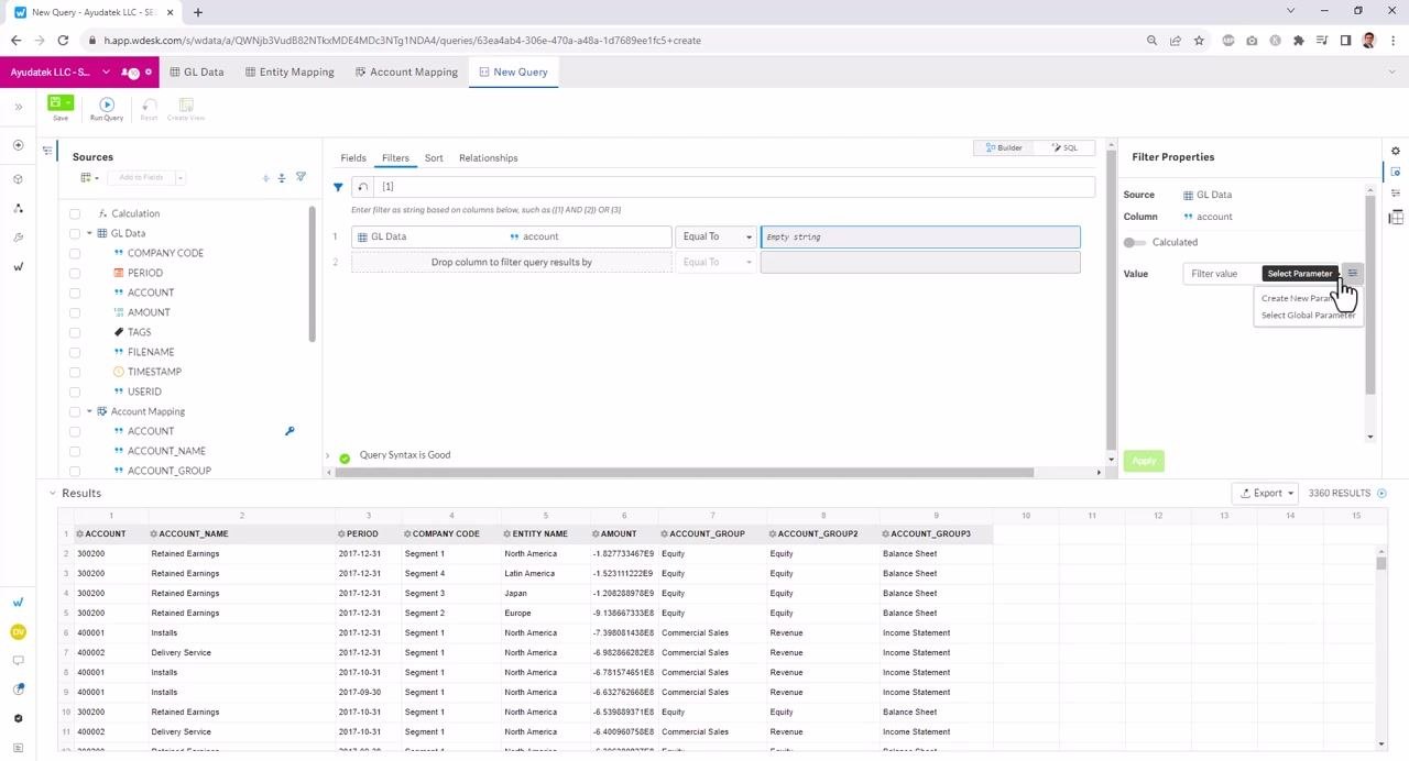 The Filter Properties panel is open, showing the option to Select Parameter for the filter value. The user is about to create or select a parameter for dynamic filtering.