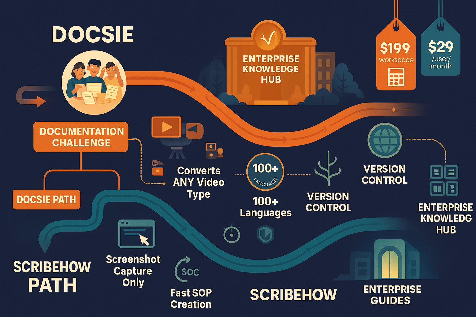 Docsie vs ScribeHow comparison infographic